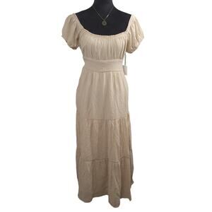 Story On Los Angeles Boho Tiered Maxi Dress Sz Large Casual Hippie Beige NWT